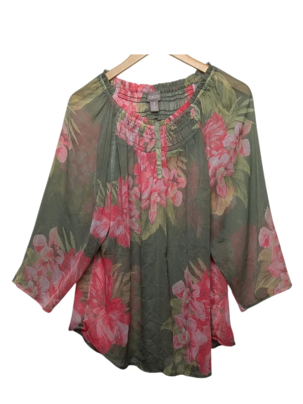 Chicos 3 Chiffon Blouse XL Green Floral Sheer Smocked